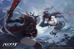 Rule 34 | 2girls, backless dress, backless outfit, black hair, breasts, dress, dual persona, fighting, gradient hair, hair ornament, headgear, highres, holding, holding sword, holding weapon, long hair, looking at viewer, lucia: crimson abyss (punishing: gray raven), lucia: dawn (punishing: gray raven), lucia (punishing: gray raven), mechanical arms, medium breasts, modare, motion blur, multicolored hair, multiple girls, pleated dress, punishing: gray raven, red eyes, red scarf, scarf, shorts, sword, thighhighs, torn clothes, weapon, white hair