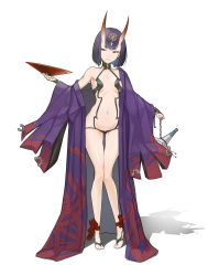 Rule 34 | 1girl, absurdres, ankle ribbon, bare shoulders, blunt bangs, bob cut, breasts, commentary request, cup, fate/grand order, fate (series), full body, green eyes, highres, horns, japanese clothes, kit park, leg ribbon, looking to the side, medium breasts, navel, oni, purple hair, red ribbon, revealing clothes, ribbon, sakazuki, shadow, short hair, shuten douji (fate), shuten douji (first ascension) (fate), simple background, skin-covered horns, solo, standing, thigh gap, white background