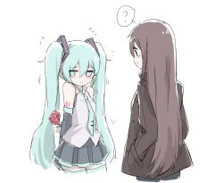 Rule 34 | 2girls, ?, aqua eyes, aqua hair, aqua necktie, arms behind back, bare shoulders, black skirt, black sleeves, blush, brown hair, brown jacket, detached sleeves, flower, grey shirt, hair ornament, hands in pockets, hatsune miku, holding, holding flower, jacket, long hair, looking at another, looking away, master (vocaloid), multiple girls, necktie, nejikyuu, shirt, shoulder tattoo, skirt, sleeveless, sleeveless shirt, smile, spoken question mark, tattoo, thighhighs, twintails, upper body, very long hair, vocaloid, white background, zettai ryouiki