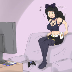 Rule 34 | 1girl, blake belladonna, boots, chair, controller, female focus, fright, game console, gameplay, highres, hissing, horrified, playstation 4, rwby, scared, solo, thigh boots, thighhighs, tikoriko, video game