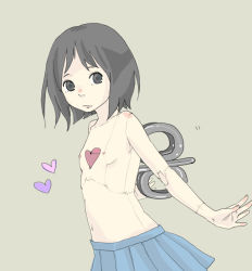 Rule 34 | 1girl, android, black eyes, black hair, collarbone, doll joints, flat chest, grey background, heart, joints, looking at viewer, navel, nichijou, nipples, outstretched arms, robot joints, shinonome nano, short hair, simple background, skirt, solo, standing, topless, winding key, yo