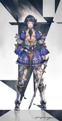 Rule 34 | 1girl, armor, black background, black hair, blue dress, blue eyes, breastplate, commentary request, dress, full body, gauntlets, highres, holding, holding weapon, leg armor, looking at viewer, original, redrawn, short dress, short hair, signature, standing, sword, two-tone background, v8, weapon, white background