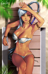 Rule 34 | 1girl, beach, beach chair, bikini, breasts, code geass, dark-skinned female, dark skin, esther shen, jewelry, large breasts, looking at viewer, necklace, outdoors, ponytail, sand, signature, smile, solo, swimsuit, tan, villetta nu, yellow eyes