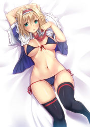 Rule 34 | 1girl, :o, alice margatroid, arm up, bed sheet, bikini, black thighhighs, blonde hair, blue bikini, blue eyes, blue shirt, blush, breasts, capelet, clenched hand, commentary request, covered erect nipples, ebi 193, feet out of frame, frilled hairband, frills, front-tie bikini top, front-tie top, gluteal fold, groin, hair between eyes, hairband, hand up, large breasts, lolita hairband, looking at viewer, lying, navel, on back, open clothes, open mouth, open shirt, red hairband, red neckwear, shirt, short hair, short sleeves, side-tie bikini bottom, skindentation, solo, stomach, swimsuit, thighhighs, thighs, touhou, white capelet