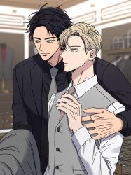 Rule 34 | 2boys, bishounen, black hair, black suit, blue eyes, collared shirt, formal, geonhan, interior, jewelry, kang woojin, lim haegyung, love jinx (manhwa), male focus, multiple boys, necktie, official art, ring, shirt, shopping, single arm hug, suit, sweater vest, trying on clothes, white suit, yellow eyes