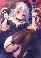 Rule 34 | 1girl, black collar, black panties, black ribbon, black thighhighs, blush, breasts, cameltoe, chain, chain leash, chestnut mouth, cleft of venus, collar, dress, embarrassed, flower, frilled sleeves, frills, furrowed brow, garter straps, hair intakes, hands up, highres, holding, holding flower, lace, lace-trimmed dress, lace-trimmed thighhighs, lace trim, leash, long hair, looking at viewer, lying, medium breasts, off-shoulder dress, off shoulder, on back, original, panties, red eyes, red flower, red rose, ribbon, rose, rubi-sama, solo, thighhighs, thighs, tsurime, two side up, underwear, white hair