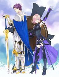 Rule 34 | 1boy, 1girl, :d, arm up, armor, armored boots, arondight (fate), blue cape, boots, breasts, breasts apart, cape, day, elbow gloves, fate/grand order, fate (series), father and daughter, full body, gauntlets, gloves, hair over one eye, high heel boots, high heels, holding, holding sword, holding weapon, lancelot (fate/grand order), mash kyrielight, medium breasts, open mouth, outdoors, pauldrons, pink hair, purple eyes, purple hair, short hair, shoulder armor, smile, spiked hair, standing, sword, thigh boots, thighhighs, weapon, yue (yue69)