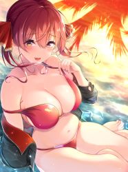 Rule 34 | 1girl, :d, absurdres, bare shoulders, beach, bikini, blush, breasts, cleavage, curvy, floating hair, groin, hair ribbon, heterochromia, highres, hololive, houshou marine, houshou marine (summer), jacket, large breasts, long hair, looking at viewer, masaoka misaki, navel, off shoulder, open mouth, outdoors, red bikini, red eyes, red hair, ribbon, sitting, smile, solo, stomach, strap slip, sunset, swimsuit, thighs, twintails, virtual youtuber, wet, wind, yellow eyes, yokozuwari