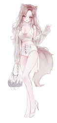 Rule 34 | 1girl, :d, absurdres, animal ear fluff, animal ears, bag, bare shoulders, blush, breasts, brown eyes, brown hair, camisole, cleavage, collarbone, commentary request, crop top, forehead, full body, handbag, high heels, highres, holding, holding bag, jacket, long hair, long sleeves, medium breasts, midriff, navel, open clothes, open jacket, open mouth, original, parted bangs, pinching sleeves, shoes, short shorts, shorts, simple background, sleeves past wrists, smile, solo, tail, tandohark, very long hair, white background, white camisole, white footwear, white jacket, white shorts