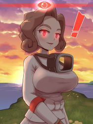 Rule 34 | !, 1girl, alpha pokemon, alternate breast size, blush, breasts, brown hair, cloud, commentary request, creatures (company), eyelashes, game freak, glowing, glowing eyes, grass, highres, jacket, kurachi mizuki, large breasts, looking at viewer, nintendo, ocean, open mouth, outdoors, palina (pokemon), pokemon, pokemon legends: arceus, short hair, sky, smile, solo, sunset, twilight, water