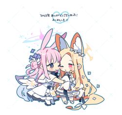 Rule 34 | 2girls, angel wings, animal ear fluff, animal ears, bare shoulders, black footwear, blonde hair, blue archive, blush, closed mouth, crescent, crescent pin, detached sleeves, dress, extra ears, feathered wings, flower, fox ears, full body, hair bun, hair flower, hair ornament, halo, long hair, mika (blue archive), multiple girls, one eye closed, open mouth, pantyhose, pink hair, pink halo, purple flower, seia (blue archive), shoes, simple background, single side bun, sleeveless, sleeveless dress, sleeves past fingers, sleeves past wrists, smile, striped clothes, striped pantyhose, vertical-striped clothes, vertical-striped pantyhose, white background, white dress, white pantyhose, white sleeves, white wings, wings, yellow eyes, yellow halo, yun (dust-i1), yuri
