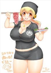 Rule 34 | 1girl, :d, blonde hair, breasts, brown eyes, bursting breasts, chopsticks, collared shirt, covered erect nipples, date pun, dated, eyepatch, fang, food, headphones, huge breasts, jewelry, meat, meat day, midriff peek, miniskirt, necklace, nitroplus, number pun, official art, open mouth, partially translated, plate, plump, satsurikuin ouka, shirt, skirt, smile, star (symbol), super pochaco, translation request, tsuji santa