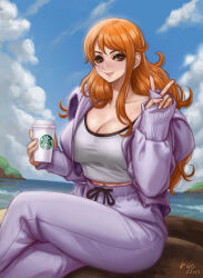 Rule 34 | 1girl, blue sky, breasts, brown eyes, cleavage, closed mouth, cloud, collarbone, crossed legs, cup, day, disposable cup, drawstring, holding, holding cup, jacket, kyopink, large breasts, lips, long hair, looking at viewer, midriff peek, nami (one piece), ocean, one piece, orange hair, outdoors, pants, purple jacket, purple pants, sitting, sky, smile, solo, starbucks, v, very long hair