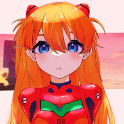 Rule 34 | 1girl, :&lt;, artist request, blush, bodysuit, breasts, hair between eyes, hair ornament, long hair, looking at viewer, neon genesis evangelion, orange hair, pilot suit, plugsuit, red bodysuit, shiny clothes, sideways mouth, simple background, small breasts, solo, souryuu asuka langley, standing, two side up, very long hair