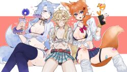 Rule 34 | 1boy, aether (genshin impact), ahoge, animal ears, areola slip, bandaid, belt, bikini, blank eyes, blonde hair, blue eyes, blue hair, blue nails, blue thighhighs, blush, breasts, bubble tea, cellphone, choker, closed mouth, commentary request, contemporary, cracked screen, crossdressing, crossed legs, cup, dog boy, dog ears, dog tail, fox ears, fox girl, fox tail, genderswap, genderswap (mtf), genshin impact, hair ornament, hair scrunchie, hairclip, heart, highres, holding, holding cup, holding phone, kamisato ayato, kneehighs, large breasts, long hair, looking at viewer, loose necktie, loose socks, midriff, mole, mole on thigh, mole under mouth, navel, necktie, ohkrkr z, open clothes, open shirt, orange hair, orange nails, pectorals, phone, pink background, pinky ring, pleated skirt, school uniform, scrunchie, seelie (genshin impact), side ponytail, simple background, sitting, skirt, smartphone, smile, socks, sticker on face, swimsuit, tail, tartaglia (genshin impact), tassel, teeth, thighhighs, tongue, tongue out, trap, twintails, upper teeth only, v, white background, white socks, wolf ears, wolf girl, wolf tail, wrist scrunchie, yellow eyes