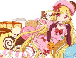 Rule 34 | 1girl, :p, alternate hair length, alternate hairstyle, artist name, bead necklace, beads, beret, blonde hair, blush stickers, breasts, candy, cherry, collarbone, commentary, cup, doughnut, elbow gloves, food, food on head, fruit, gloves, hair ribbon, hat, heart, heart-shaped pillow, highres, holding, holding candy, holding food, holding lollipop, ice cream, jewelry, lambdadelta, lollipop, long hair, medium breasts, necklace, nyandisk, object on head, one side up, pancake, pancake stack, pillow, pink eyes, pink hat, pink thighhighs, pointing, pointing at self, popcorn, pudding, puffy short sleeves, puffy sleeves, purple gloves, red ribbon, ribbon, short sleeves, signature, simple background, solo, sparkle, striped clothes, striped thighhighs, swept bangs, teacup, thighhighs, tongue, tongue out, umineko no naku koro ni, very long hair, watanabe akio (style), white background, yule log (cake)