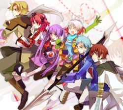 Rule 34 | 3boys, 3girls, asbel lhant, blade, blue hair, blue shirt, brothers, brown eyes, brown hair, cheria barnes, glasses, gloves, hubert ozwell, machimori, malik caesars, multicolored hair, multiple boys, multiple girls, pascal (tales), polearm, purple eyes, purple hair, red hair, scarf, shirt, short hair, siblings, sophie (tales), spear, tales of (series), tales of graces, twintails, two-tone hair, two side up, weapon, white hair, zoom layer