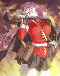 Rule 34 | 1girl, bag, bandage over one eye, belt, between breasts, breasts, chi-, cowboy shot, fate/grand order, fate (series), fire, florence nightingale (fate), florence nightingale (third ascension) (fate), gloves, highres, jacket, jacket on shoulders, large breasts, long hair, pantyhose, pink hair, pleated skirt, red eyes, satchel, skirt, solo, strap between breasts, white gloves