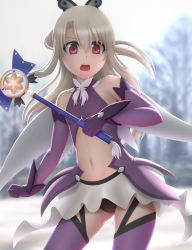Rule 34 | 1girl, backlighting, bare shoulders, black panties, blonde hair, blurry, blurry background, butterfly hair ornament, center opening, contrapposto, cowboy shot, d:, day, elbow gloves, fate/kaleid liner prisma illya, fate (series), flat chest, gloves, hair between eyes, hair ornament, highres, holding, holding wand, illyasviel von einzbern, long hair, looking at viewer, magical sapphire, navel, open mouth, panties, pantyshot, pink eyes, prisma illya (sapphire version), purple gloves, purple thighhighs, siraha, skirt, solo, standing, stomach, sunlight, thighhighs, tree, underwear, upskirt, wand, white skirt