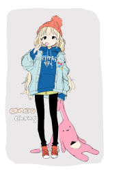 Rule 34 | 1girl, :3, :o, arakawa802, beanie, black eyes, black pantyhose, blonde hair, blue jacket, blue sweater, bobblehat, candy, character name, clothes writing, drawstring, food, futaba anzu, grey background, hat, holding, hood, hood down, hooded sweater, idolmaster, idolmaster cinderella girls, jacket, lollipop, long hair, long sleeves, looking at viewer, open clothes, open jacket, open mouth, pantyhose, red footwear, red hat, shoes, simple background, sleeves past wrists, sneakers, solo, stuffed animal, stuffed rabbit, stuffed toy, sweater, tareme, very long hair