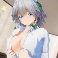 Rule 34 | 1girl, 3d, animated, blue eyes, bouncing breasts, breasts, closed mouth, grey hair, izayoi sakuya, jiggle, looking at viewer, medium breasts, mofumoko5, no bra, open clothes, open shirt, smile, solo, thighs, touhou, video