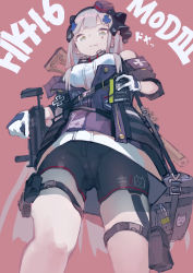Rule 34 | 1girl, aamond, absurdres, assault rifle, bag, bike shorts, breasts, character name, commentary request, facial mark, from below, girls&#039; frontline, gloves, green eyes, gun, h&amp;k hk416, hair ornament, hat, highres, hk416 (girls&#039; frontline), hk416 (mod3) (girls&#039; frontline), holding, holding gun, holding weapon, id card, jacket, large breasts, long hair, looking at viewer, mod3 (girls&#039; frontline), open clothes, open jacket, pouch, red background, rifle, silver hair, solo, thigh pouch, thigh strap, weapon, white gloves