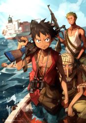 Rule 34 | 3boys, afro, ak-47, ammunition belt, assault rifle, bandana, binoculars, blow up doll, boat, container ship, gun, highres, holding, holding gun, holding weapon, kalashnikov rifle, khyle., long nose, male focus, monkey d. luffy, multiple boys, one eye closed, one piece, overalls, pectoral cleavage, pectorals, red shirt, rifle, rocket launcher, roronoa zoro, rpg, rpg-7, rpg (weapon), scar, scar on chest, scar on face, sex doll, shirt, short hair, somali pirates, tank top, usopp, watercraft, weapon