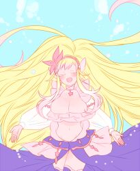 1girl absurdly_long_hair blonde_hair blue_background breasts closed_eyes colored_eyelashes creatures_(company) game_freak gen_7_pokemon hairband huge_breasts long_hair midriff navel nintendo open_mouth personification pink_hairband pokemon primarina puffy_sleeves solo upper_body very_long_hair yuzu_ichika