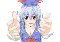 Rule 34 | 1girl, blue hair, breasts, cleavage, elf (stroll in the woods), female focus, foreshortening, hat, hmx99 elf, kamishirasawa keine, long hair, looking at viewer, open mouth, pov, red eyes, simple background, solo, touhou, white background
