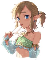 Rule 34 | 1boy, blue eyes, bridal gauntlets, brown hair, crossdressing, detached sleeves, dripping, earrings, food, gerudo set (zelda), halterneck, ice cream, jewelry, licking, link, looking at viewer, male focus, meimone, nintendo, pointy ears, ponytail, popsicle, simple background, solo, sweat, the legend of zelda, the legend of zelda: breath of the wild, tongue, tongue out, trap, upper body
