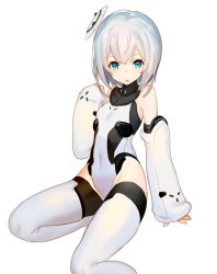 Rule 34 | 1girl, :o, bad id, bad twitter id, bare shoulders, blue eyes, commentary request, copyright request, covered navel, detached sleeves, flat chest, grey leotard, grey thighhighs, headgear, km yama, leotard, looking at viewer, simple background, sitting, solo, thighhighs, white background