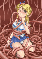 Rule 34 | 1girl, bdsm, blonde hair, bondage, boots, bound, brown eyes, clothes lift, fairy tail, grabbing, grabbing another&#039;s breast, lucy heartfilia, monster, panties, skirt, skirt lift, tears, tentacle pit, tentacles, underwear, white panties, you gonna get raped