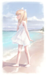 Rule 34 | 1girl, absurdres, ahoge, arm at side, bare arms, bare shoulders, barefoot, beach, bingwei huang, blonde hair, blue eyes, blue sky, bow, bow hairband, choker, cloud, cloudy sky, day, dress, feet, flat chest, hairband, hand on own chest, highres, long hair, looking ahead, ocean, original, outdoors, pointy ears, profile, shore, sky, sleeveless, sleeveless dress, solo, standing, sundress, toes, water, white bow, white choker, white dress, white hairband