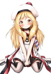 Rule 34 | 10s, 1girl, aged down, beret, blonde hair, dress, grey thighhighs, hat, highres, kantai collection, long hair, mochiyuki, pom pom (clothes), richelieu (kancolle), simple background, sitting, smile, solo, thighhighs, wariza, white background, white dress, yellow eyes