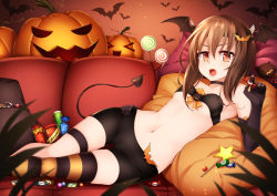 Rule 34 | 10s, 1girl, bandeau, bat (animal), bat hair ornament, bat wings, bike shorts, black gloves, breasts, brown eyes, brown hair, cameltoe, candy, candy cane, choker, couch, cushion, demon girl, demon tail, elbow gloves, fang, fangs, food, gloves, hair ornament, halloween, hand on own hip, head wings, healther, jack-o&#039;-lantern, jar, kantai collection, lollipop, looking at viewer, lying, matching hair/eyes, midriff, navel, on couch, on side, open mouth, orange eyes, pumpkin, short hair, single thighhigh, small breasts, solo, star (symbol), strapless, striped clothes, striped thighhighs, swirl lollipop, taihou (kancolle), tail, thigh gap, thigh strap, thighhighs, tube top, wings, wrapped candy