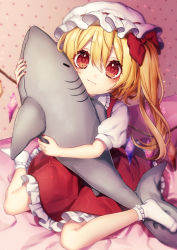 Rule 34 | 1girl, :t, a (phrase), bed, blonde hair, bobby socks, bow, commentary request, crystal, dress, flandre scarlet, full body, hair between eyes, hat, hat bow, highres, holding, holding stuffed toy, indoors, kyouda suzuka, long hair, looking at viewer, mob cap, no shoes, one side up, petticoat, puffy short sleeves, puffy sleeves, red bow, red dress, red eyes, shark, shirt, short sleeves, sitting, socks, solo, stuffed animal, stuffed shark, stuffed toy, touhou, wariza, white hat, white shirt, white socks, wings