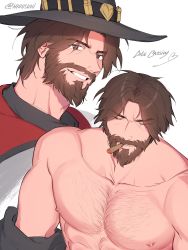 Rule 34 | 1boy, absurdres, artist name, bara, beard, biceps, brown hair, cassidy (overwatch), chest hair, cigarette, unworn clothes, cowboy hat, closed eyes, facial hair, grey eyes, hat, highres, hirusuhi, large pectorals, looking at viewer, male focus, manly, mature male, messy hair, muscular, muscular male, nipples, overwatch, overwatch 1, pectorals, scarf, smile, solo, teeth, thick arms, thick eyebrows, twitter username, upper body