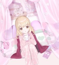 Rule 34 | 1girl, bed, blanket, blonde hair, blowing on food, book, brown eyes, canopy bed, child, cup, curtains, feet out of frame, ferris wheel, heart, heart-shaped pillow, highres, holding, holding cup, knees up, long hair, long sleeves, mug, on bed, original, pajamas, pillow, polka dot, polka dot pajamas, sitting, solo, stuffed animal, stuffed pig, stuffed toy, suzuyu (jrnp4875), sylvanian families, toy, toy house