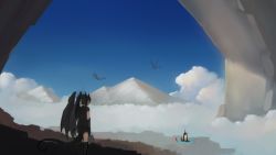 Rule 34 | above clouds, black hair, black shirt, blue sky, claws, cloud, day, dragon, dragon girl, dragon horns, dragon tail, facing away, flying, from behind, highres, horns, mountain, original, outdoors, paintrfiend, portal (object), scenery, shirt, short hair, short sleeves, sky, standing, tail, wings