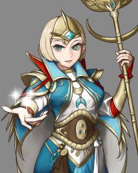 Rule 34 | 1girl, blonde hair, blue eyes, bob cut, elf, fingernails, grey background, highres, holding, holding staff, looking at viewer, outstretched arm, pointy ears, pzkpfwi, reaching, reaching towards viewer, robe, sash, sharp fingernails, short hair, simple background, smile, solo, staff, warhammer fantasy