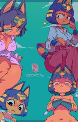Rule 34 | 1girl, animal crossing, animal ears, ankha (animal crossing), black hair, blue background, blue eyes, blue fur, bob cut, body fur, breasts, cat tail, cleavage, collared shirt, dress, egyptian, egyptian clothes, fang, frown, furry, furry female, japanese clothes, kimono, multiple views, navel, nintendo, nude, open mouth, paw pose, scarab, shirt, short hair, starmilk, striped tail, tail, unbuttoned, wide sleeves, wrist cuffs, yellow fur