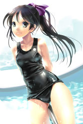 Rule 34 | 1girl, arms behind back, bare shoulders, black eyes, black hair, black one-piece swimsuit, black school swimsuit, bow, closed mouth, collarbone, cowboy shot, derivative work, eyebrows, feet out of frame, female focus, hair bow, katahira masashi, long hair, looking at viewer, one-piece swimsuit, original, photo-referenced, ponytail, school swimsuit, shiny clothes, solo, swimsuit, thighs, water, wet, wet clothes