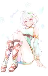 Rule 34 | 1girl, antenna hair, bare shoulders, breasts, closed mouth, dress, flower, full body, gladiator sandals, hair flower, hair ornament, highres, knees up, kokkoro (princess connect!), looking at viewer, nattsun (018), panties, pink eyes, pointy ears, princess connect!, sandals, short dress, short hair, sidelocks, sitting, small breasts, smile, solo, strapless, strapless dress, twitter username, underwear, white hair, white panties