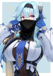Rule 34 | 1girl, ?, absurdres, black hairband, blue gloves, blue hair, breasts, brown eyes, commentary, eula (genshin impact), genshin impact, gloves, hair between eyes, hair ornament, hairband, hands up, highres, kanta (kanta 077), large breasts, long hair, long sleeves, looking at viewer, mouth veil, shirt, solo, upper body, veil, white shirt