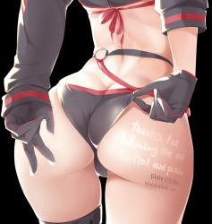 Rule 34 | 1girl, absurdres, adjusting clothes, adjusting swimsuit, arched back, ass, ass focus, bikini, black background, black bikini, black gloves, butt crack, commentary request, english text, fate/grand order, fate (series), gloves, head out of frame, highres, jeanne d&#039;arc alter (swimsuit berserker) (fate), jeanne d&#039;arc (fate), jeanne d&#039;arc alter (fate), jeanne d&#039;arc alter (swimsuit berserker) (fate), kana616, long sleeves, lower body, o-ring, pixiv id, simple background, sleeves past wrists, solo, spanish commentary, swimsuit, twitter username