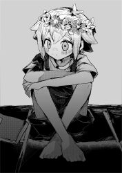 Rule 34 | 1boy, antenna hair, barefoot, basil (headspace) (omori), basil (omori), book, closed mouth, crossed arms, elbow on knee, fjsk, flower, greyscale, hair between eyes, hand on own knee, head wreath, highres, knees apart feet together, knees up, leaf, looking ahead, monochrome, omori, on floor, overall shorts, overalls, short hair, short sleeves, sitting, smile, solo