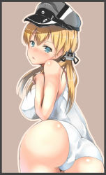 Rule 34 | 10s, 1girl, anchor hair ornament, ass, atsutoku, bad id, bad pixiv id, blonde hair, blue eyes, blush, body blush, border, breasts, covered erect nipples, from behind, hair ornament, hand in own hair, hat, highres, kantai collection, large breasts, long hair, looking back, one-piece swimsuit, open mouth, outline, peaked cap, prinz eugen (kancolle), solo, sweat, swimsuit, twintails, white one-piece swimsuit