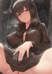 Rule 34 | 1girl, animal ears, aos, black dress, black hair, black nails, blush, copyright request, covered erect nipples, dress, fingernails, highres, horns, long fingernails, long hair, long sleeves, looking at viewer, nail polish, no bra, parted lips, red eyes, see-through, sitting, solo, spread legs, straight hair