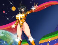 Rule 34 | 1girl, black cape, black hair, breasts, cape, clenched hand, commentary request, earth (planet), full body, grin, highleg, highleg leotard, huge breasts, korean commentary, leotard, long hair, mu94894747, original, planet, smile, solo, superhero costume, thick thighs, thighs, two-sided cape, two-sided fabric, v, yellow eyes, yellow leotard