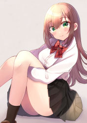 Rule 34 | 1girl, bad id, bad pixiv id, black skirt, black socks, blush, bow, brown footwear, brown hair, closed mouth, collared shirt, commentary request, dress shirt, feet out of frame, green eyes, grey background, hair between eyes, highres, loafers, long hair, minami saki, original, plaid, plaid bow, pleated skirt, red bow, school uniform, shirt, shoes, skirt, smile, socks, solo, very long hair, white shirt